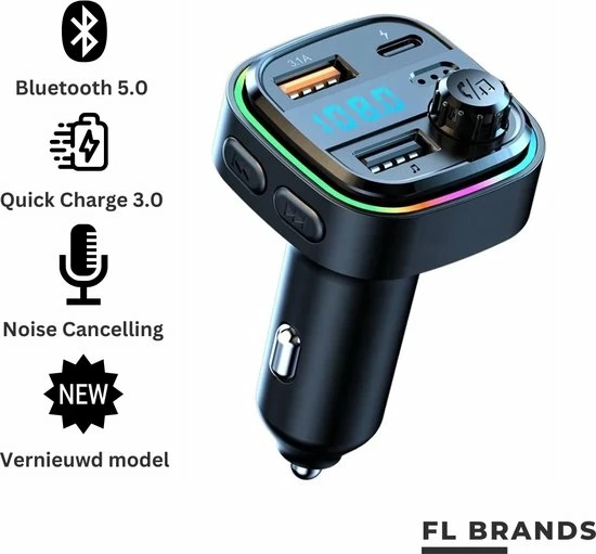 FL Brands Bluetooth FM Transmitter - Auto Snel Lader - Carkit - Handsfree - MP3 - USB-A 3.0 - USB-C - Bluetooth Audio - Noise Cancelling - Nieuw Model 3 FL Brands Bluetooth FM Transmitter - Auto Snel Lader - Carkit - Handsfree - MP3 - USB-A 3.0 - USB-C - Bluetooth Audio - Noise Cancelling - Nieuw Model