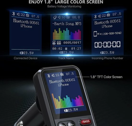 Zinaps Bluetooth Transmitter - Xy Bluetooth Adapter Auto - Krachtige Microfoon - FM-zender Auto Bluetooth Met 1,8 Inch Kleurenscherm Voor Handsfree Bellen - Ondersteuning Voor QC3.0 Opladen - Treble- En Basmuziekspeler - KM30 5 Zinaps Bluetooth Transmitter - Xy Bluetooth Adapter Auto - Krachtige Microfoon - FM-zender Auto Bluetooth Met 1,8 Inch Kleurenscherm Voor Handsfree Bellen - Ondersteuning Voor QC3.0 Opladen - Treble- En Basmuziekspeler - KM30 - Image 3