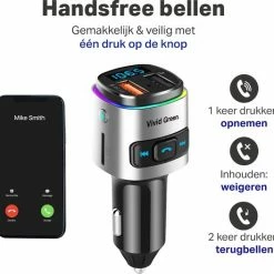 Vivid Green Bluetooth Auto FM Transmitter - MP3 - USB - Autolader - Carkit- Oplader - Zwart/Chrome -70Mai SHOP 550x527
