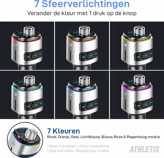 Athletix® FM Transmitter Bluetooth Draadloze Carkit Voor In De Auto 2022 / MP3 Speler Mobiel / LED Verlichting / Handsfree Bellen In De Auto / Bluetooth 5.0 / USB 3.0 Auto Lader / 2 USB Aansluitingen / Muziek Streamen / USB Of SD Kaart / Carkit Adapter 6 Athletix® FM Transmitter Bluetooth Draadloze Carkit Voor In De Auto 2022 / MP3 Speler Mobiel / LED Verlichting / Handsfree Bellen In De Auto / Bluetooth 5.0 / USB 3.0 Auto Lader / 2 USB Aansluitingen / Muziek Streamen / USB Of SD Kaart / Carkit Adapter - Image 4