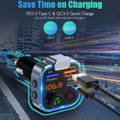 BT Carkit FM-zender Transmitter Adapter Bluetooth V5.0 Autoradio Diepe Basmuziekadapter Handsfree Autolader Met Dubbele USB-Poorten PD Type-C 18W QC 3.0 USB-Snellader Blauw Omgevingslicht -70Mai SHOP 550x531 17