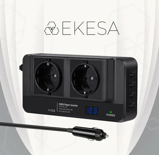 Ekesa Auto Omvormer - 12V Naar 220/230V - 200W/400W - Gemodificeerde Sinusgolf - 2x 230V Stopcontact - 4x 5V Usb Aansluitpunt 3 Ekesa Auto Omvormer - 12V Naar 220/230V - 200W/400W - Gemodificeerde Sinusgolf - 2x 230V Stopcontact - 4x 5V Usb Aansluitpunt