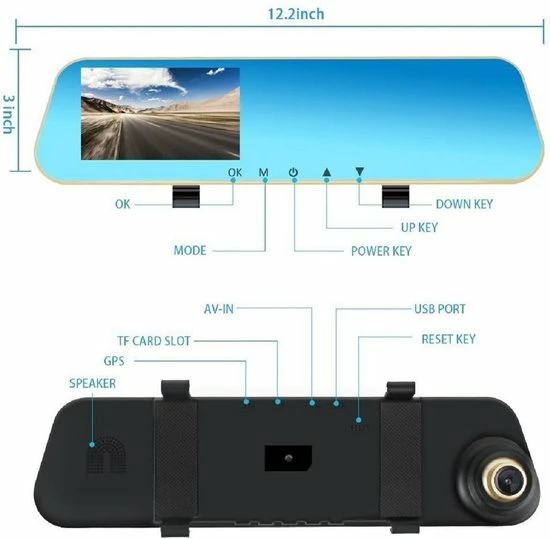 Merkloos Full HD Auto Dashcam Spiegel, Autoblackbox DVR, Voor En Achter Camera. 6 Merkloos Full HD Auto Dashcam Spiegel, Autoblackbox DVR, Voor En Achter Camera. - Image 4