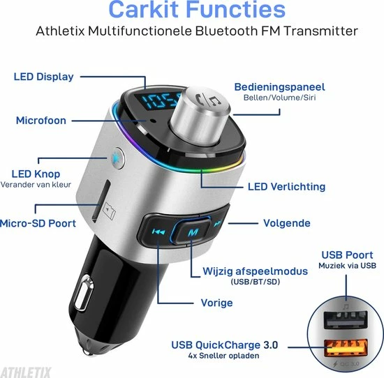 Athletix® FM Transmitter Bluetooth Draadloze Carkit Voor In De Auto 2022 / MP3 Speler Mobiel / LED Verlichting / Handsfree Bellen In De Auto / Bluetooth 5.0 / USB 3.0 Auto Lader / 2 USB Aansluitingen / Muziek Streamen / USB Of SD Kaart / Carkit Adapter 10 Athletix® FM Transmitter Bluetooth Draadloze Carkit Voor In De Auto 2022 / MP3 Speler Mobiel / LED Verlichting / Handsfree Bellen In De Auto / Bluetooth 5.0 / USB 3.0 Auto Lader / 2 USB Aansluitingen / Muziek Streamen / USB Of SD Kaart / Carkit Adapter - Image 8