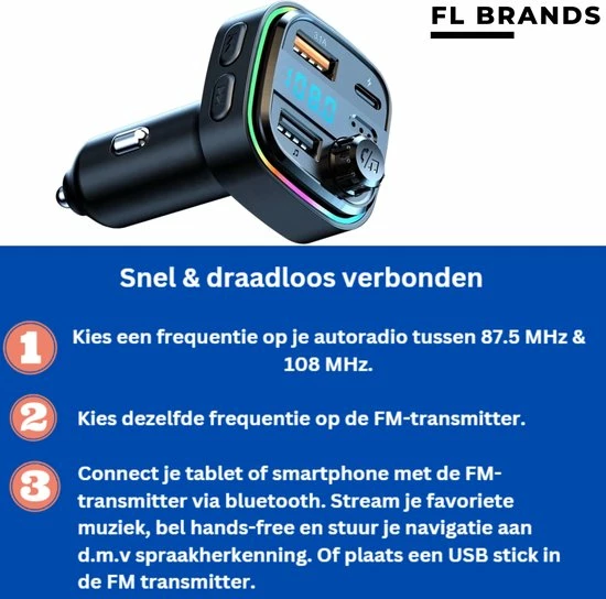 FL Brands Bluetooth FM Transmitter - Auto Snel Lader - Carkit - Handsfree - MP3 - USB-A 3.0 - USB-C - Bluetooth Audio - Noise Cancelling - Nieuw Model 7 FL Brands Bluetooth FM Transmitter - Auto Snel Lader - Carkit - Handsfree - MP3 - USB-A 3.0 - USB-C - Bluetooth Audio - Noise Cancelling - Nieuw Model - Image 5
