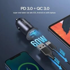 60 Watt USB QC3.0 Snellader Auto - Aluminium - Type-C En A - Super Snel Laden - Mini Formaat - Led - Metalen Body - QC 4.0 Duo Lader - Quick Charge - Aluminium - Micro - LED - Autolader - Sigarettenaansteker - Laadplug - Telefoonlader Vrachtauto -70Mai SHOP 550x550 316