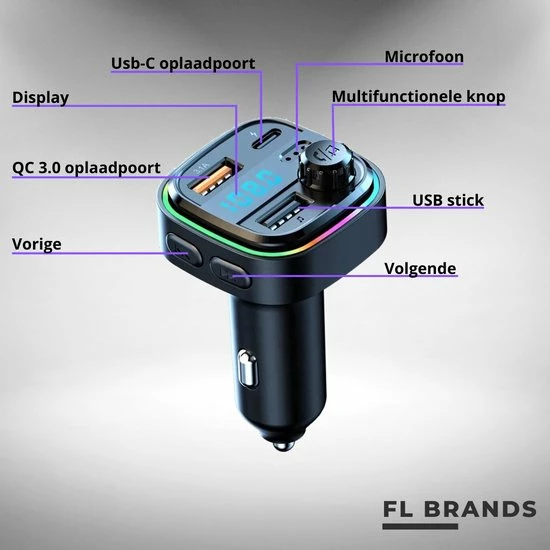 FL Brands Bluetooth FM Transmitter - Auto Snel Lader - Carkit - Handsfree - MP3 - USB-A 3.0 - USB-C - Bluetooth Audio - Noise Cancelling - Nieuw Model 9 FL Brands Bluetooth FM Transmitter - Auto Snel Lader - Carkit - Handsfree - MP3 - USB-A 3.0 - USB-C - Bluetooth Audio - Noise Cancelling - Nieuw Model - Image 7