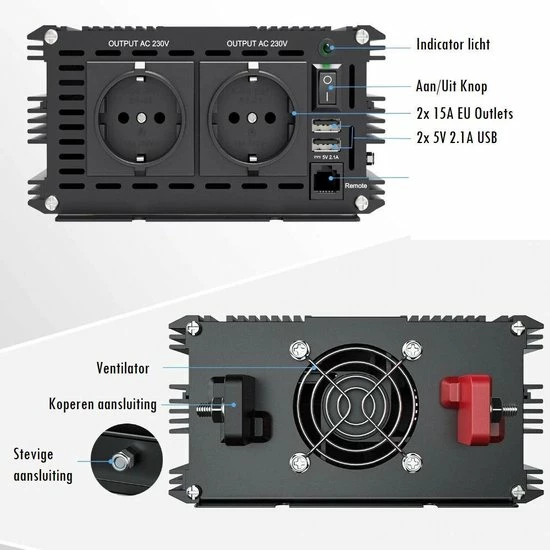 Edecoa 24V-230V Zuivere Sinus Omvormer | 1500W/3000W + Controller | 2x USB Poorten 5 Edecoa 24V-230V Zuivere Sinus Omvormer | 1500W/3000W + Controller | 2x USB Poorten - Image 3