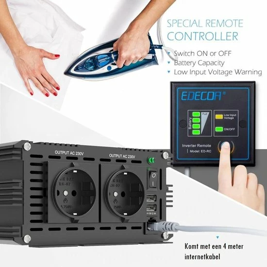 Edecoa 24V-230V Zuivere Sinus Omvormer | 1500W/3000W + Controller | 2x USB Poorten 6 Edecoa 24V-230V Zuivere Sinus Omvormer | 1500W/3000W + Controller | 2x USB Poorten - Image 4