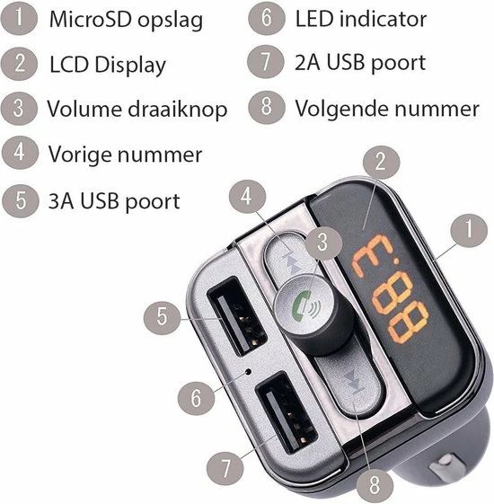 Merkloos Beste Kwaliteit | 5 In 1 Draadloze Universele Bluetooth Carkit Auto MP3 Speler | FM Transmitter | LED Display | Handsfree Bellen | 2 X High Speed USB Oplader | SD,TF Card Ondersteuning | USB Stick 6 Merkloos Beste Kwaliteit | 5 In 1 Draadloze Universele Bluetooth Carkit Auto MP3 Speler | FM Transmitter | LED Display | Handsfree Bellen | 2 X High Speed USB Oplader | SD,TF Card Ondersteuning | USB Stick - Image 4