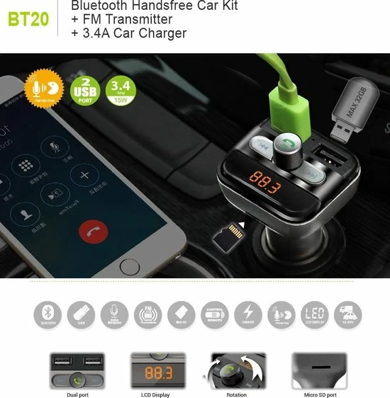Merkloos Beste Kwaliteit | 5 In 1 Draadloze Universele Bluetooth Carkit Auto MP3 Speler | FM Transmitter | LED Display | Handsfree Bellen | 2 X High Speed USB Oplader | SD,TF Card Ondersteuning | USB Stick 5 Merkloos Beste Kwaliteit | 5 In 1 Draadloze Universele Bluetooth Carkit Auto MP3 Speler | FM Transmitter | LED Display | Handsfree Bellen | 2 X High Speed USB Oplader | SD,TF Card Ondersteuning | USB Stick - Image 3