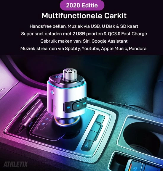 Athletix® FM Transmitter Bluetooth Draadloze Carkit Voor In De Auto 2022 / MP3 Speler Mobiel / LED Verlichting / Handsfree Bellen In De Auto / Bluetooth 5.0 / USB 3.0 Auto Lader / 2 USB Aansluitingen / Muziek Streamen / USB Of SD Kaart / Carkit Adapter 7 Athletix® FM Transmitter Bluetooth Draadloze Carkit Voor In De Auto 2022 / MP3 Speler Mobiel / LED Verlichting / Handsfree Bellen In De Auto / Bluetooth 5.0 / USB 3.0 Auto Lader / 2 USB Aansluitingen / Muziek Streamen / USB Of SD Kaart / Carkit Adapter - Image 5