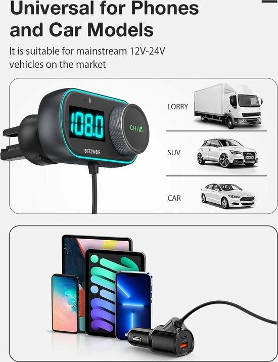Merkloos Bluetooth FM Transmitter - Auto Lader - Carkit - Handsfree - USB 3.0 - MP3 - Snel Lader - Bluetooth Audio Receiver - Voor Vrachtwagen, SUV, Auto 4 Merkloos Bluetooth FM Transmitter - Auto Lader - Carkit - Handsfree - USB 3.0 - MP3 - Snel Lader - Bluetooth Audio Receiver - Voor Vrachtwagen, SUV, Auto - Image 2